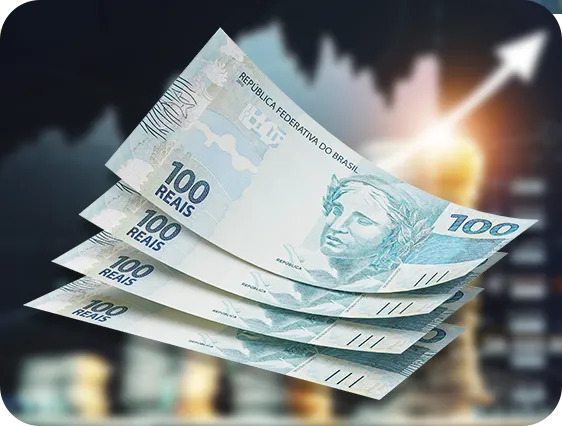 Imagem de dinheiro com gráfico ao fundo apresentando um crescimento de patrimônio.